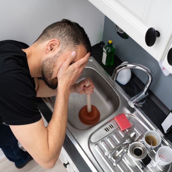 Person trying to clear out their clogged kitchen drain with a plunger