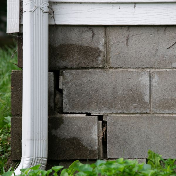 Damaged foundation on the exterior of a home.