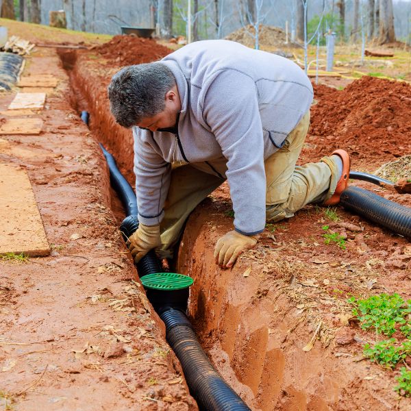Installing a french drain in a backyard.