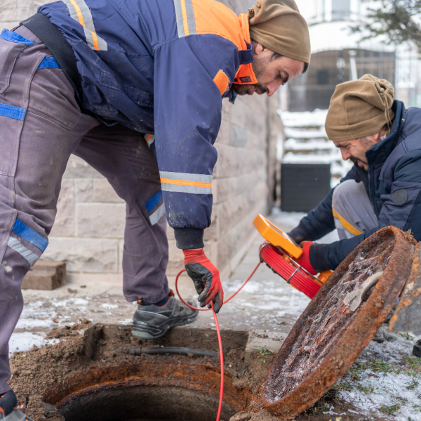 Construction workers inspecting an outdoor sewer with a camera.